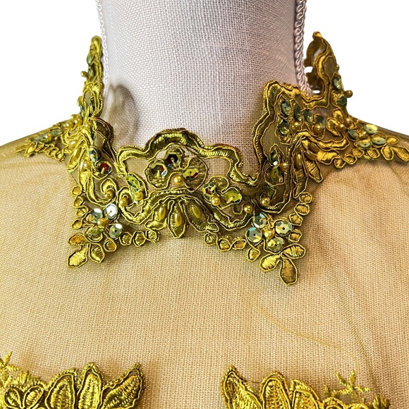 #A048   FT INC Olive Green Embroidered Mesh Top with High Neck, Sequins, XL - Picture 3 of 10